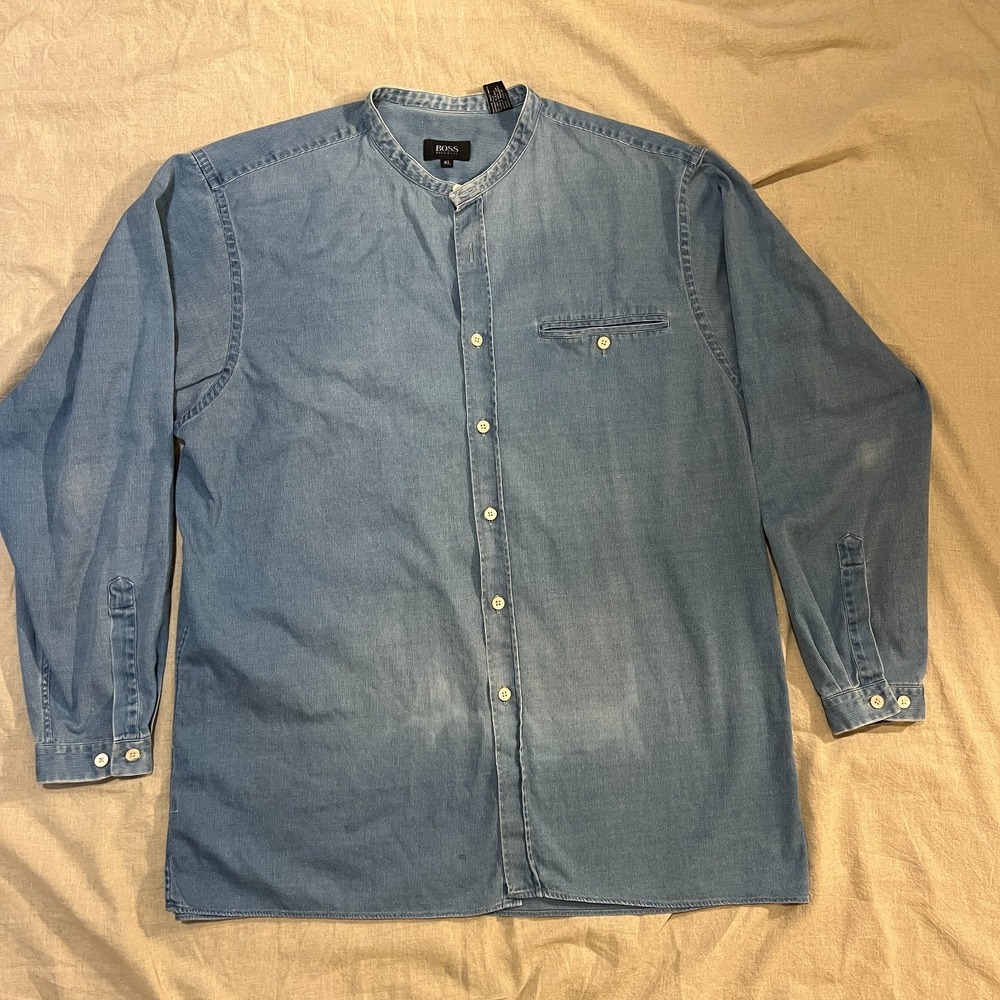 Vintage BOSS Hugo Boss Mens XL Blue Cotton Band Collar Shirt Made Hong Kong